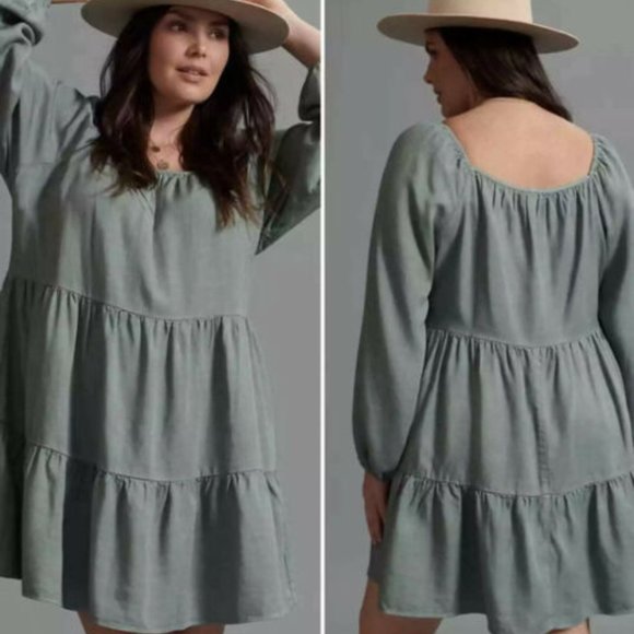 Anthropologie Amadi Verity Tiered Tunic Swing Dress in Moss Size MP Tencel NWT - Picture 2 of 7
